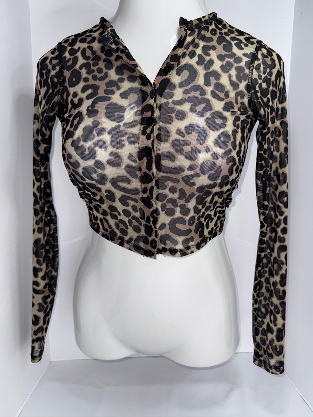 wild fable Leopard Print Long Sleeve Sheer Crop Top - Brown/Black